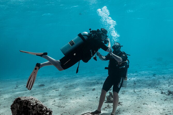 Baptism diving in the turquoise waters of Tahiti - Getting ready with certified instructors and maintained equipment